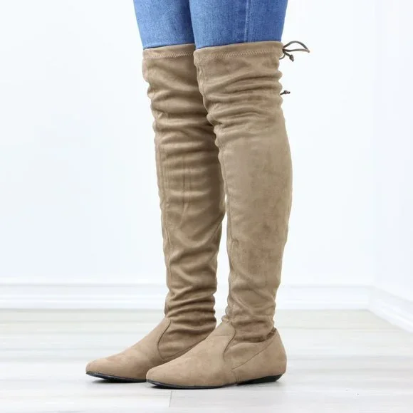 Taupe Thigh High Over The Knee Flat Boots Faux Suede - Picture 13 of 15